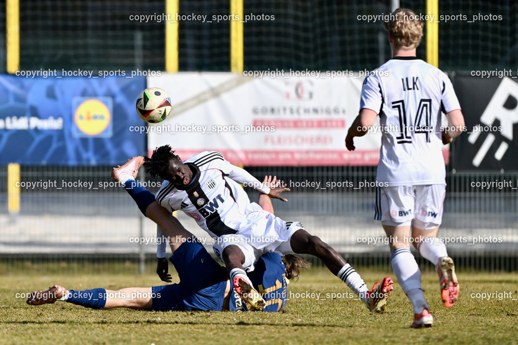 ATUS Velden vs. SPG LASK Amateure OÖ | #44 Issa Kone LASK Amateure, #10 Lukas Lausegger ATUS Velden, #14 Jonas Ilk LASK Amateure, ATUS Velden vs. SPG LASK Amateure OÖ, ATUS Velden vs. SPG LASK Amateure OÖ am 07.03.2026 in Velden (Wald Arena Velden), Austria, (Photo by Bernd Stefan)