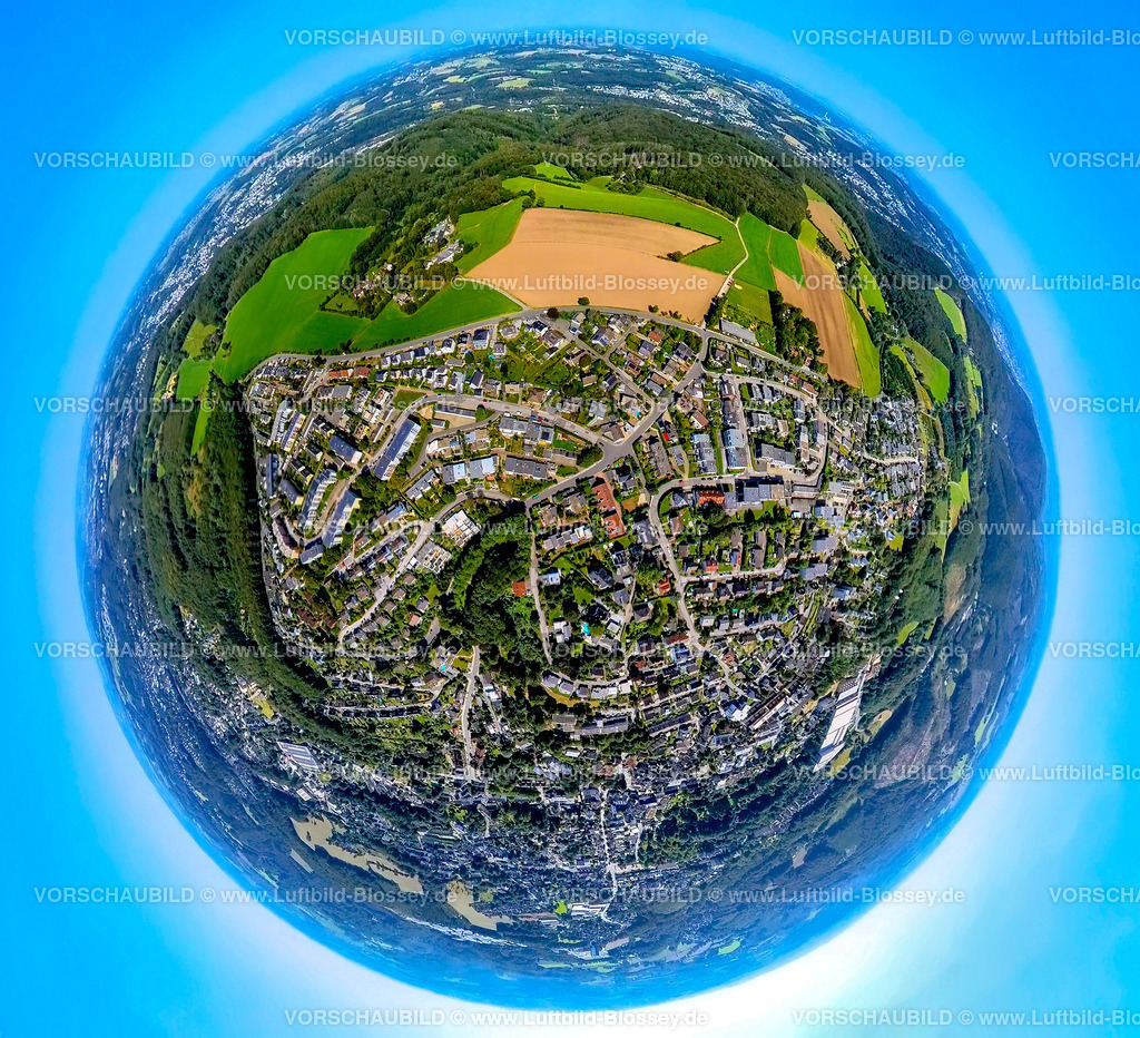 Ennepetal240890798VilvoorderStrasse | Luftbild, Ortsansicht Voerde und Wohngebiet Vilvoorder Straße, Erdkugel, Fisheye Aufnahme, Fischaugen Aufnahme, 360 Grad Aufnahme, tiny world, little planet, fisheye Bild, Voerde, Ennepetal, Ruhrgebiet, Nordrhein-Westfalen, Deutschland