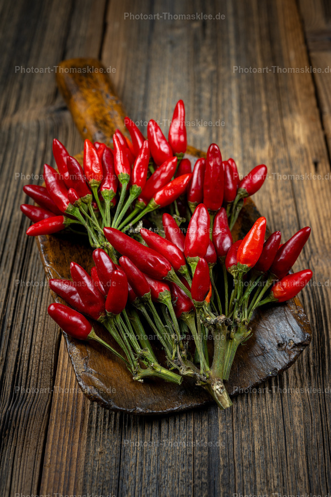 Rote Chilischoten auf sehr alter Gewürzschaufel | Zahlreiche rote Chilischoten liegen kunstvoll auf einer alten Biedermeier Mehlschaufel. Die kleinen scharfen Schoten mit ihren charakteristischen grünen Stielen bilden ein natürliches Arrangement auf dem rustikalen Untergrund. Das dunkle Holz mit seiner ausgeprägten Maserung verleiht der Komposition einen authentischen Charakter. Die leuchtend roten Farbtöne der Chilis kontrastieren perfekt mit dem warmen Braun des Holzes. Diese stimmungsvolle Darstellung zeigt die natürliche Schönheit scharfer Küchengewürze in ihrer reinsten Form. - Realisiert mit Pictrs.com