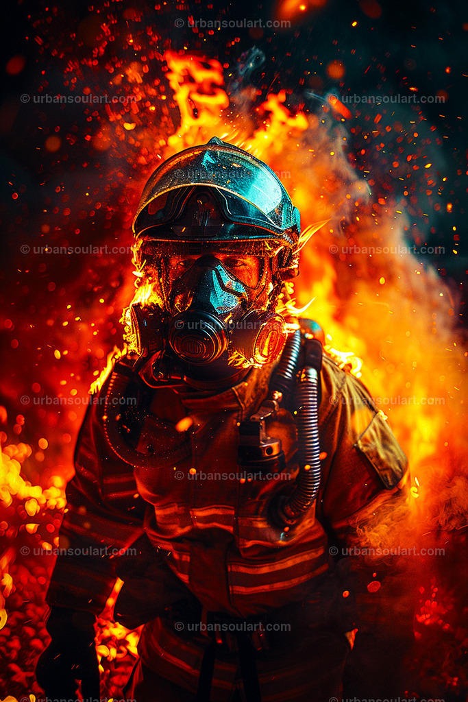 Firefighter In Full Gear In A Fire | This intense image of a firefighter in full gear surrounded by flames conveys bravery and resilience. Perfect for adding a dramatic and inspirational touch to any room. - Realisiert mit Pictrs.com