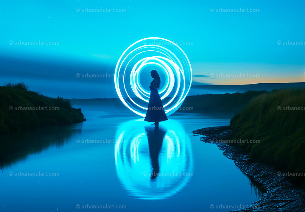 Light Painting Of Woman Standing In Water | A surreal scene of a woman surrounded by a circular light painting reflection over water. This canvas brings a serene and magical atmosphere to any space. - Realisiert mit Pictrs.com