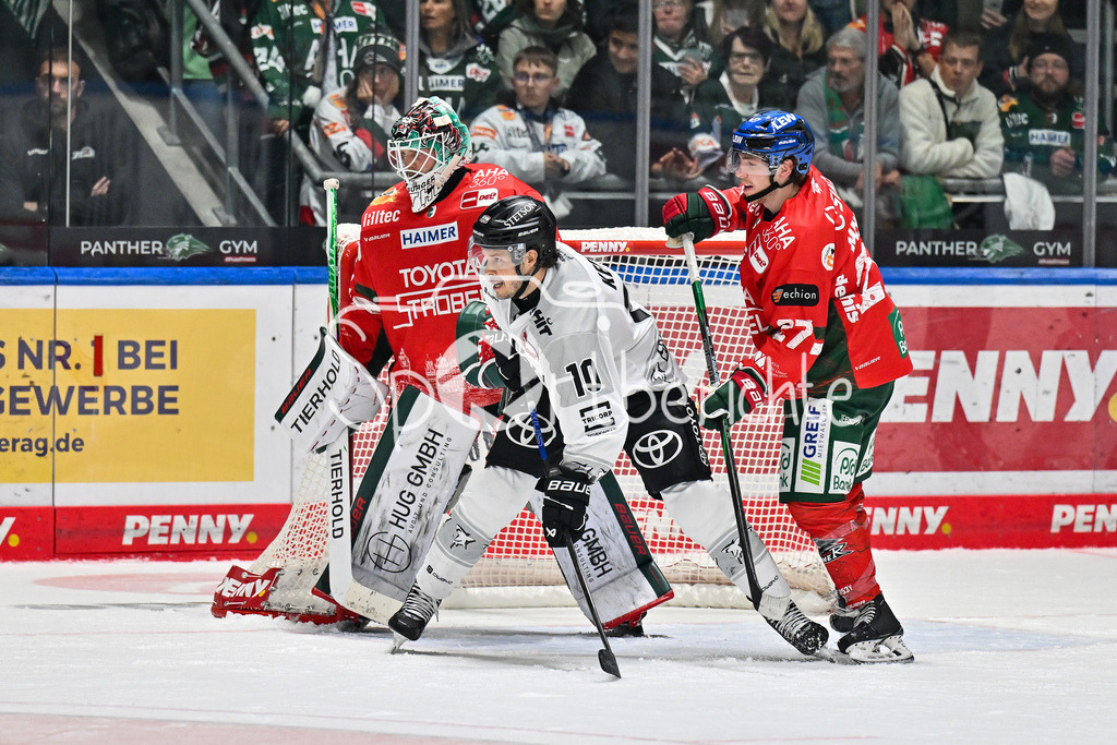 Augsburger Panther - Kölner Haie | v. l. Michael GARTEIG (Augsburger Panther 34, Tanner KERO (Kölner Haie 10) und Kyle MAYHEW (Augsburger Panther 27) / DEL: Augsburger Panther - Kölner Haie; Curt Frenzel Stadion am 26.09.2025