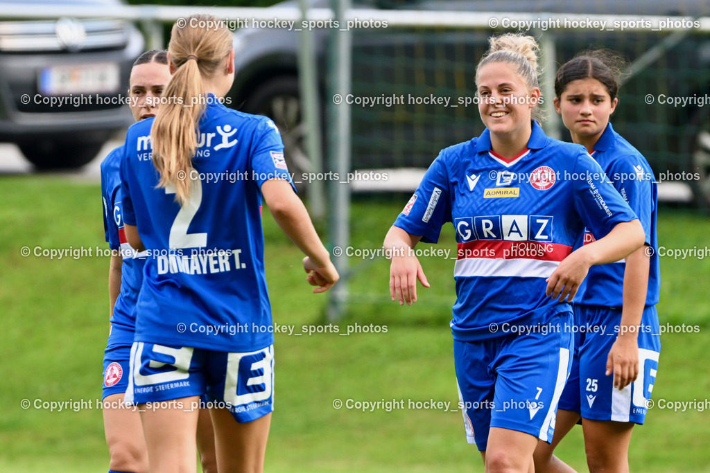 Carinthians Hornets vs. GAK 1902 Frauen | Jubel GAK, #2 Tara Dommayer GAK, #7 Vanessa Kraker GAK, #25 Viola Parvizi GAK, Carinthians Hornets vs. GAK 1902 Frauen, Carinthians Hornets vs. GAK 1902 Frauen am 01.09.2024 in Sachsenburg (Sportplatz Sachsenburg), Austria, (Photo by Bernd Stefan)