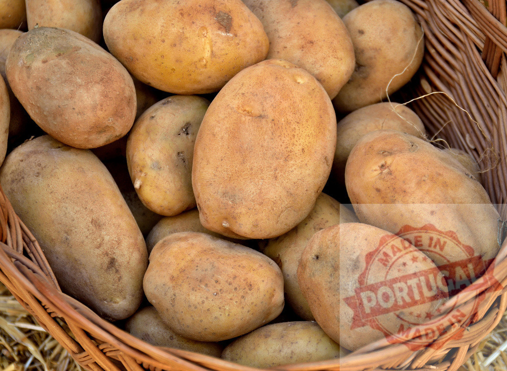 Freshly harvested organic potatoes filling a wicker basket | Freshly harvested raw organic potatoes filling a rustic wicker basket, embodying farm to table concept - Realisiert mit Pictrs.com