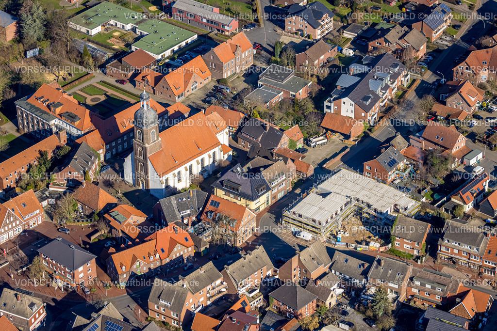 Nordkirchen230206201 | Luftbild, Kath. Kirche St. Mauritius, Baustelle Gebäude an der Schloßstraße Ecke Mühlenstraße, Nordkirchen, Münsterland, Nordrhein-Westfalen, Deutschland