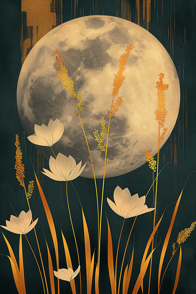 2407025 - Mondsucht | Ein Vollmond über einer Blumenwiese im Stil einer Illustration. Für Preise, Größen- und Materialauswahl klicken Sie bitte auf "Bestellen.