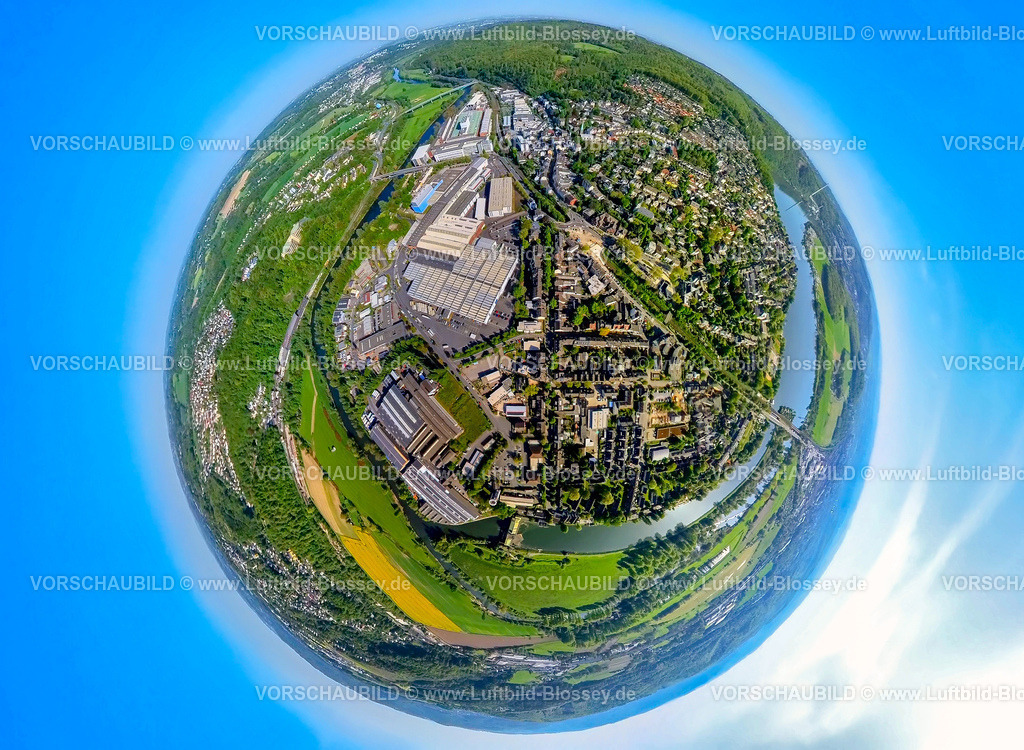 Wetter240590204Ruhrtal_DEMAG | Luftbild, Fluss Ruhr mit Ruhrtal und Werk DEMAG Cranes & Components Gmbh, Erdkugel, Fisheye Aufnahme, Fischaugen Aufnahme, 360 Grad Aufnahme, tiny world, little planet, fisheye Bild, , Wetter, Ruhrgebiet, Nordrhein-Westfalen, Deutschland