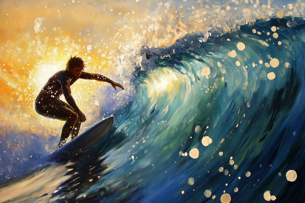 2408034 - Glitzernde Welle | Ein Surfer im Gegenlicht im Stil eines Gemäldes.