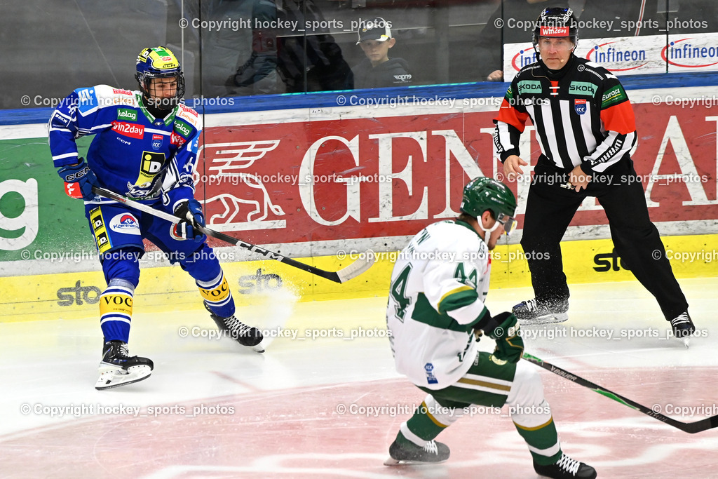 EC IDM WÄRMEPUMPEN VSV vs. FTC-TELEKOM JÉGKORONG | #46 Paul Sintschnig EC VSV, #44 Paavo Tyni FTC-Telekom, EC IDM WÄRMEPUMPEN VSV vs. FTC-TELEKOM JÉGKORONG, EC IDM WÄRMEPUMPEN VSV vs. FTC-TELEKOM JÉGKORONG am 19.10.2025 in Villach (Stadthalle Villach), Austria, (Photo by Bernd Stefan)