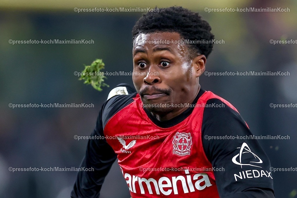 BVB10012501084 | 10.01.2025, Fußball, Borussia Dortmund - Bayer 04 Leverkusen, 1. Fußball Bundesliga, 16. Spieltag, Signal Iduna Park, Saison 2024 2025: Nathan Tella (Bayer04 Leverkusen #19) lässt beim Sprint den Rasen aufwirbelnDFB regulations prohibit any use of photographs as image sequences and or quasi-video.