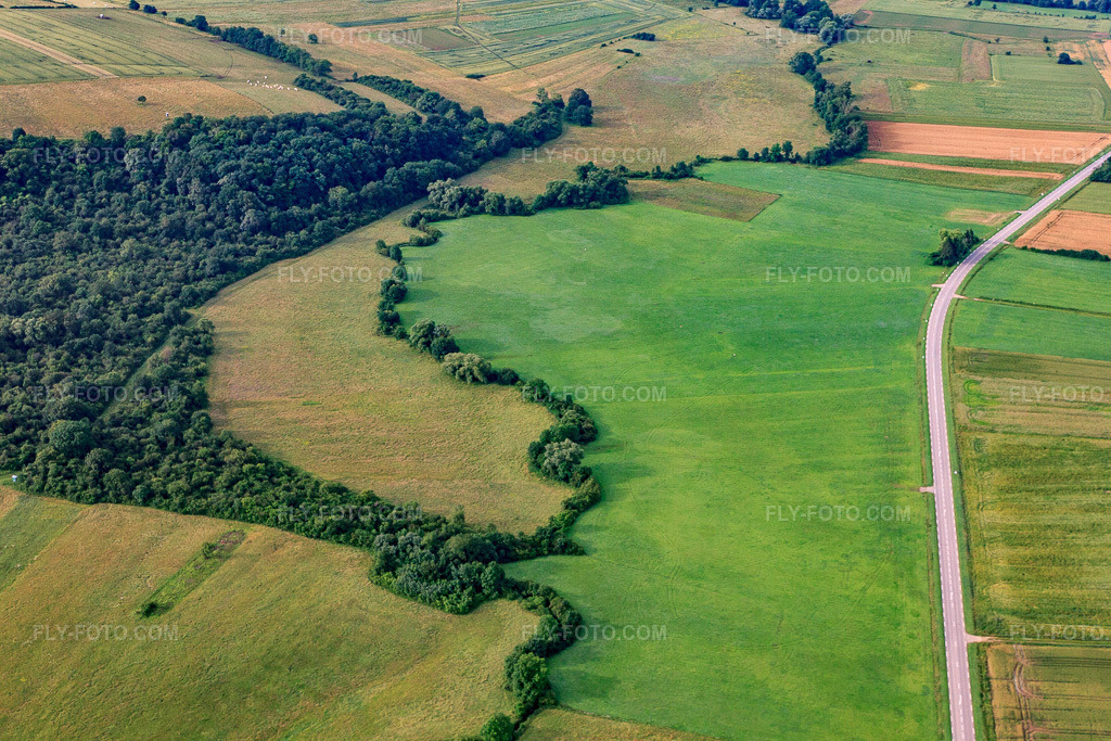 Aerial view: Meandering river Ruisseau de Bayen between meadows in Haute-Kontz in the state Moselle, France. – Photo: IMG_50650.jpg taken on 06/24/2012 by Werner Riehm/FLY-FOTO.com – Resolution of the original: 4752 x 3168 px