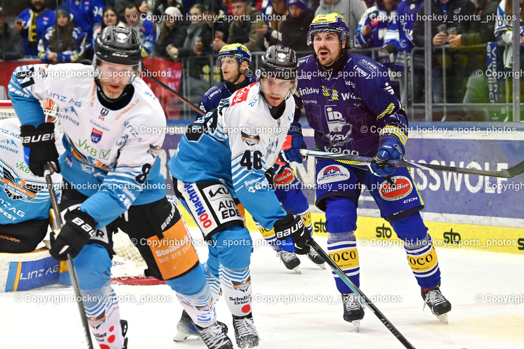 EC IDM Wärmepumpen VSV vs. Steinbach Black Wings Linz | #81 Sean Brendan Collins Black Wings Linz, #46 Niklas Andre Würschl Black Wings Linz, #13 Adam Helewka EC VSV, EC IDM Wärmepumpen VSV vs. Steinbach Black Wings Linz, EC IDM Wärmepumpen VSV vs. Steinbach Black Wings Linz am 28.11.2025 in Villach (Stadthalle Villach), Austria, (Photo by Bernd Stefan)