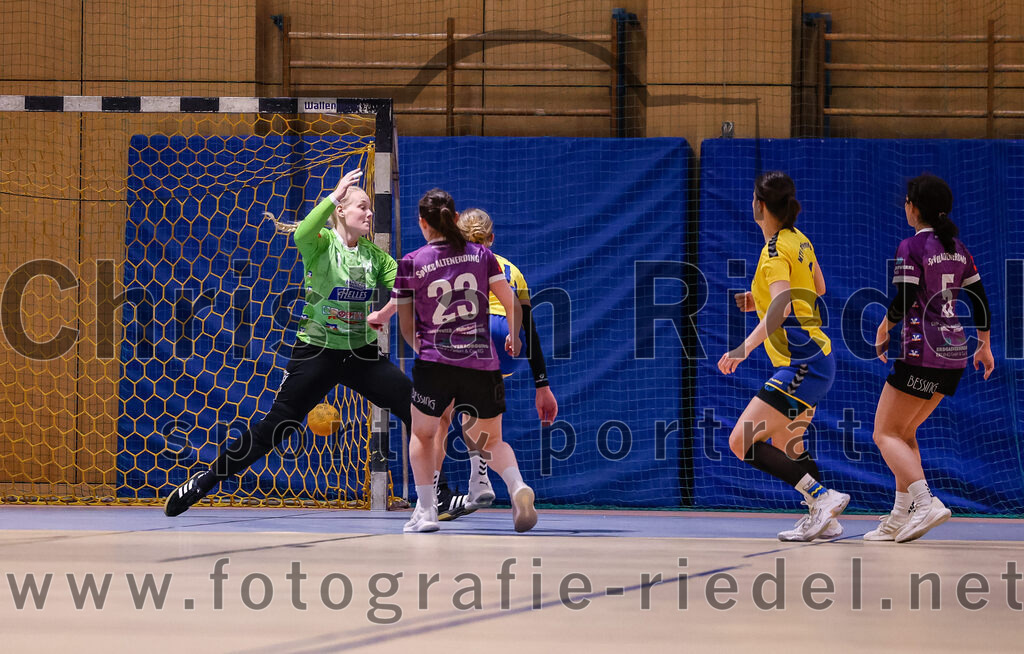 2025-02-15_042_SpVgg_Altenerding_gegen_MTV_Pfaffenhofen | Erding, Deutschland, 15.02.2025:Handball, Bezirksoberliga Frauen Altbayern 2024 / 2024, 14. Spieltag, SpVgg Altenerding gegen MTV Pfaffenhofen, Endergebnis: 27:23Torfrau Hanna Obermair (SpVgg Altenerding, #1), Katharina Künstner (SpVgg Altenerding, #23), Julia Waterkotte (MTV Pfaffenhofen, #14), Julia Kübelsbeck (SpVgg Altenerding, #5)Foto: Christian Riedel / fotografie-riedel.net
