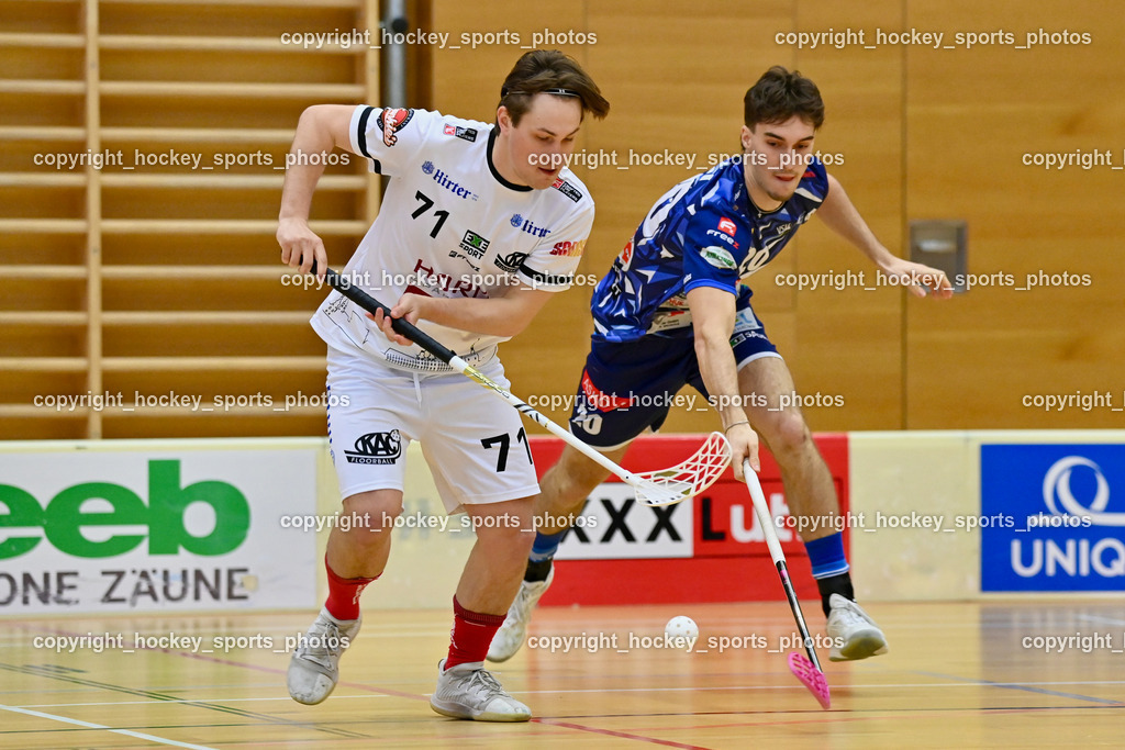VSV Unihockey vs. KAC Floorball | #71 Christoph Platzer KAC Floorball, #20 David Gredler VSV Unihockey, VSV Unihockey vs. KAC Floorball, VSV Unihockey vs. KAC Floorball am 28.03.2026 in Villach (Ballspielhalle St. Martin), Austria, (Photo by Bernd Stefan)