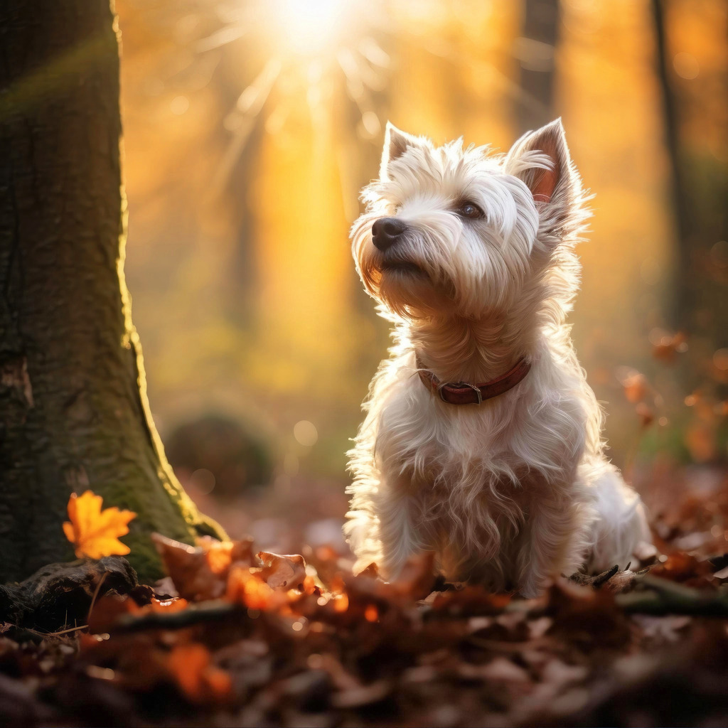 2401009 - West Highland White Terrier | Ein West Highland White Terrier im Herbstwald im Stil einer Fotografie.