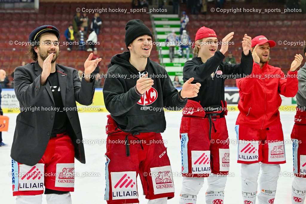 EC IDM Wärmepumpen VSV vs. EC KAC 17.3.2023 | EC KAC Mannschaft Jubel über Viertelfinal Sieg, #47 Witting Marcel, #80 Kraus Nikolaus, 