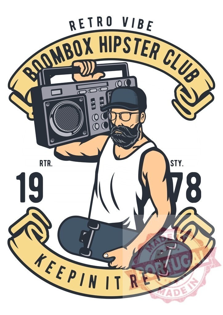 Hipster bearded man holding boombox and skateboard. T-Shirt design | Hipster man wearing glasses and hat, holding a boombox and skateboard with retro text - Realisiert mit Pictrs.com