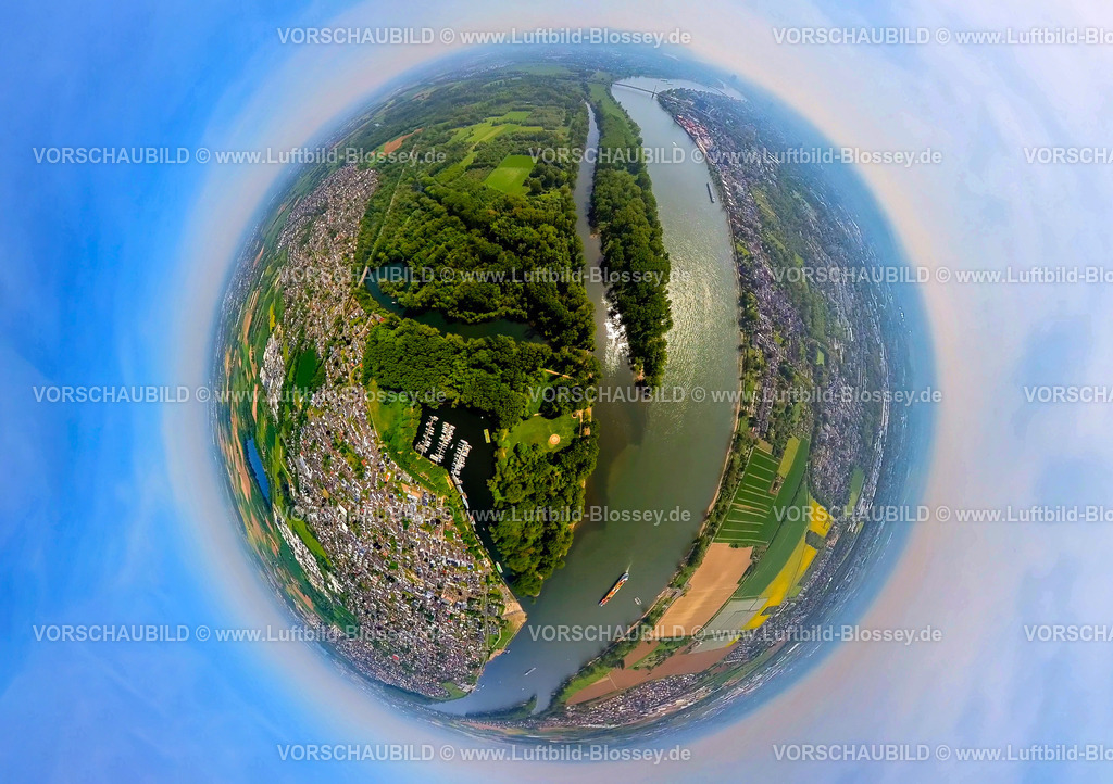 Bonn240590112Rhein_Siegmuendung | Luftbild, Fluss Sieg und Siegmündung, Fluss Rhein und Binnenschifffahrt mit 
Containerschiff, Diescholl Altarm der Sieg und Waldgebiet Siegaue, Ortsansicht Mondorf und Bergheim, Mondofer Hafen und Rhein-Yacht-Club Niederkassel-Mondorf e.V., Erdkugel, Fisheye Aufnahme, Fischaugen Aufnahme, 360 Grad Aufnahme, tiny world, little planet, fisheye Bild, Bergheim, Troisdorf, Nordrhein-Westfalen, Deutschland