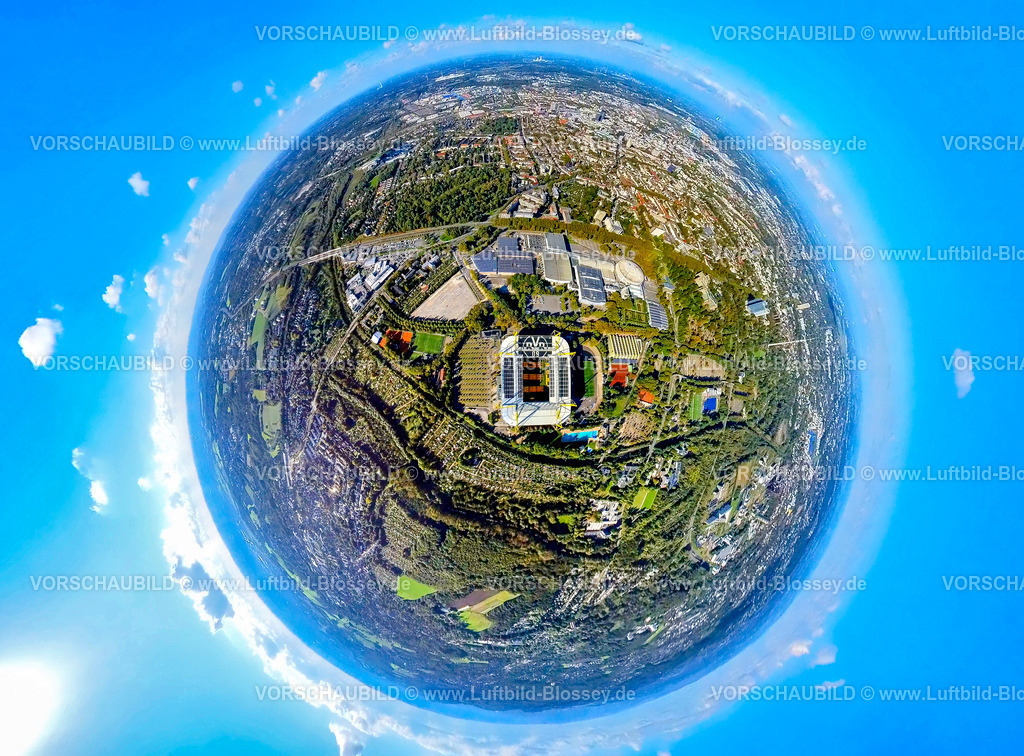 Dortmund241090069BVB | Luftbild, Signal Iduna Park Fußballstadion des BVB 09 Borussia Dortmund Bundesligastadion mit Messekomplex Westfalenhallen, Blick zur Innenstadt, Erdkugel, Fisheye Aufnahme, Fischaugen Aufnahme, 360 Grad Aufnahme, tiny world, little planet, fisheye Bild, Westfalenhalle, Dortmund, Ruhrgebiet, Nordrhein-Westfalen, Deutschland