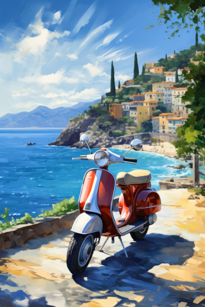 2308014 - Motorroller am Comer See | Bestellen Sie dieses Motiv eines Motorrollers am Comer See als hochwertigen Kunstdruck auf Leinwand, Acrylglas, Alu-Dibond oder als Poster. Das Bild wurde digital erstellt und hat die Anmutung eines Gemäldes.