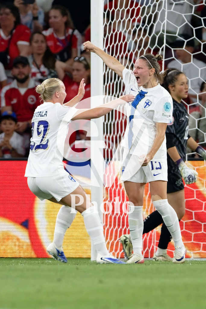 Finland v Switzerland: UEFA Women's EURO 2025 Group A | GENEVA, SWITZERLAND - JULY 10: Natalia Kuikka of Finland (R) celebrates after scoring her team's first goal with teammates Jutta Rantala of Finland (L) during the UEFA Women's EURO 2025 Group A match between Finland and Switzerland at Stade de Geneve on July 10, 2025 in Geneva, Switzerland. (Photo by Giuseppe Velletri/Sports Press Photo/Getty Images)
