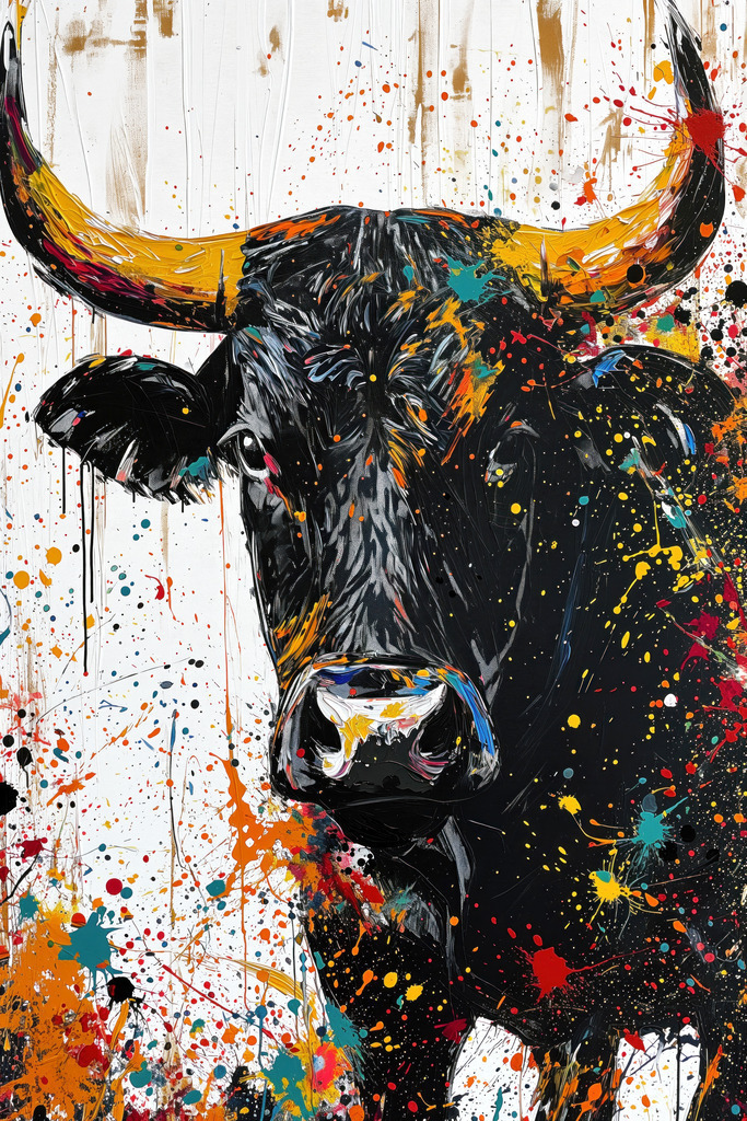 2602019 - Schwarzer Stier mit bunten Farbspritzern | Ein schwarzer Stier mit vielen bunten Farbspritzern im Stil eines modernen Gemäldes.