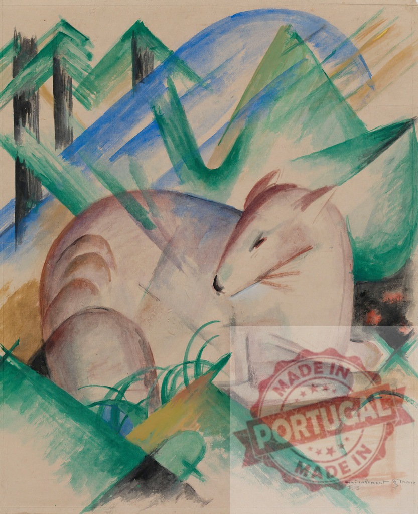 Franz Marc painting a deer resting in abstract forest | Deer resting in a stylized forest, depicting themes of nature and spiritual harmony - Realized with Pictrs.com