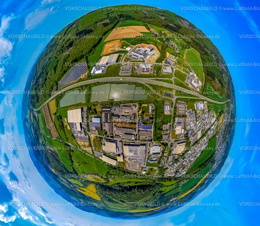 Meschede240590363GewerbegebietEnste | Luftbild, Ortsteil und Gewerbegebiet Enste mit Solarpark, Autobahn A46, Waldgebiet, Erdkugel, Fisheye Aufnahme, Fischaugen Aufnahme, 360 Grad Aufnahme, tiny world, little planet, fisheye Bild, Enste, Meschede, Sauerland, Nordrhein-Westfalen, Deutschland