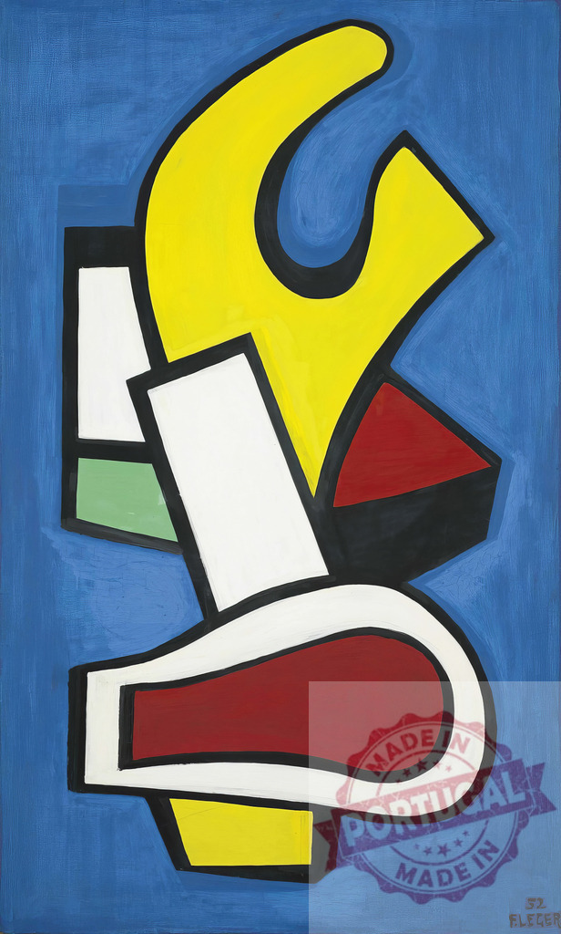 Fernand Léger style abstract shapes primary colors blue background | Fernand Leger Abstract artwork featuring bold yellow, red, white, and green shapes outlined in black on a blue background - Realized with Pictrs.com