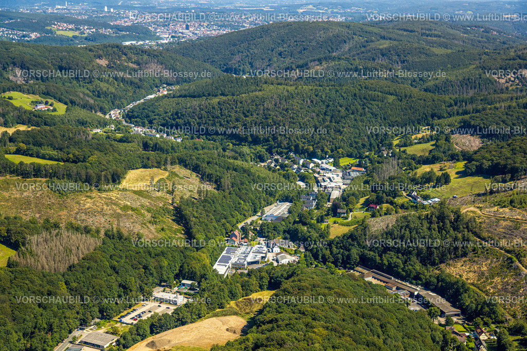 Ennepetal230800817 | Luftbild, Waldgebiet mit Waldschäden, Hasperbach Kahlschlag, Gewerbegebiet Hagener Straße, Voerde, Ennepetal, Ruhrgebiet, Nordrhein-Westfalen, Deutschland