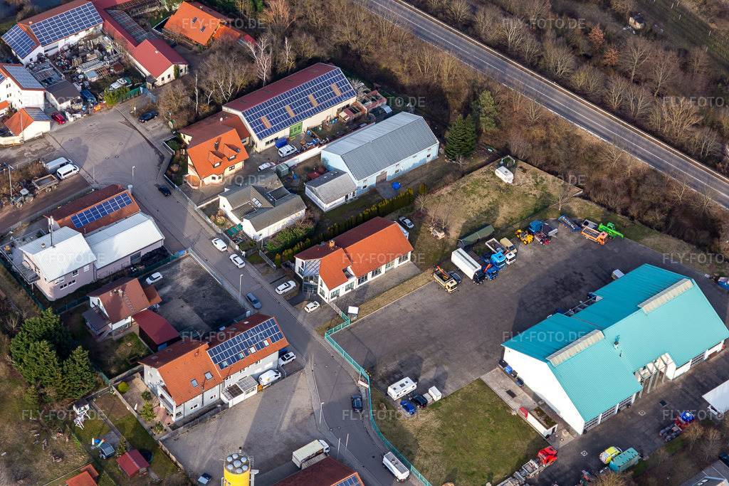 Luftbild: Gewerbegebiet In der Nauroth, Harry Anton Sanitär- und Heizungsbau in Ellerstadt im Bundesland Rheinland-Pfalz in Deutschland. Foto: IMG_130473.jpg vom 12.02.2022 durch Werner Riehm/FLY-FOTO.de