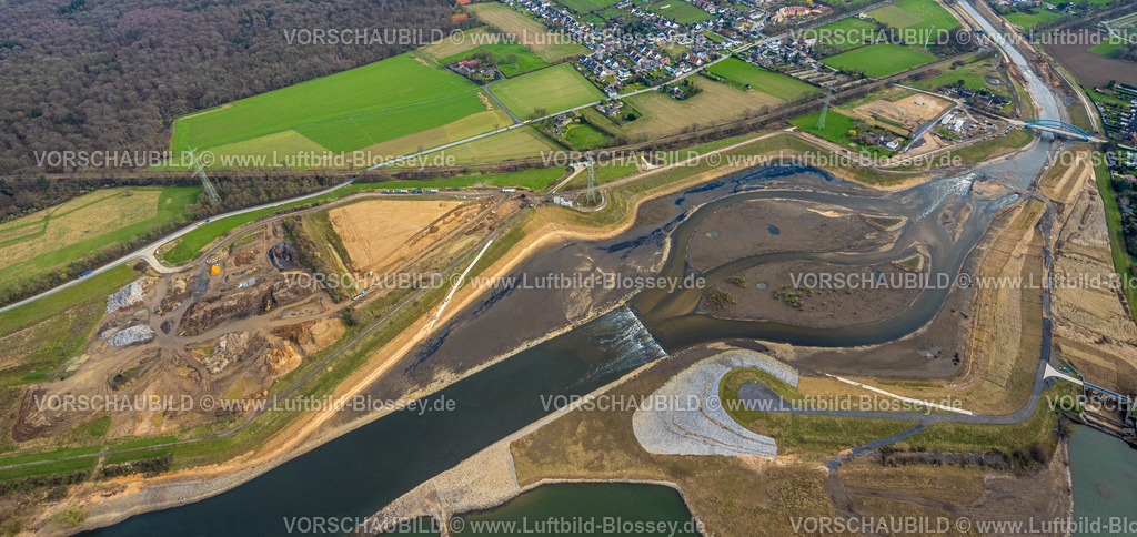 Dinslaken240309068 | Luftbild, Neue Emschermündung in den Fluss Rhein, blaue Brücke Hagelstraße, Eppinghoven, Dinslaken, Nordrhein-Westfalen, Deutschland