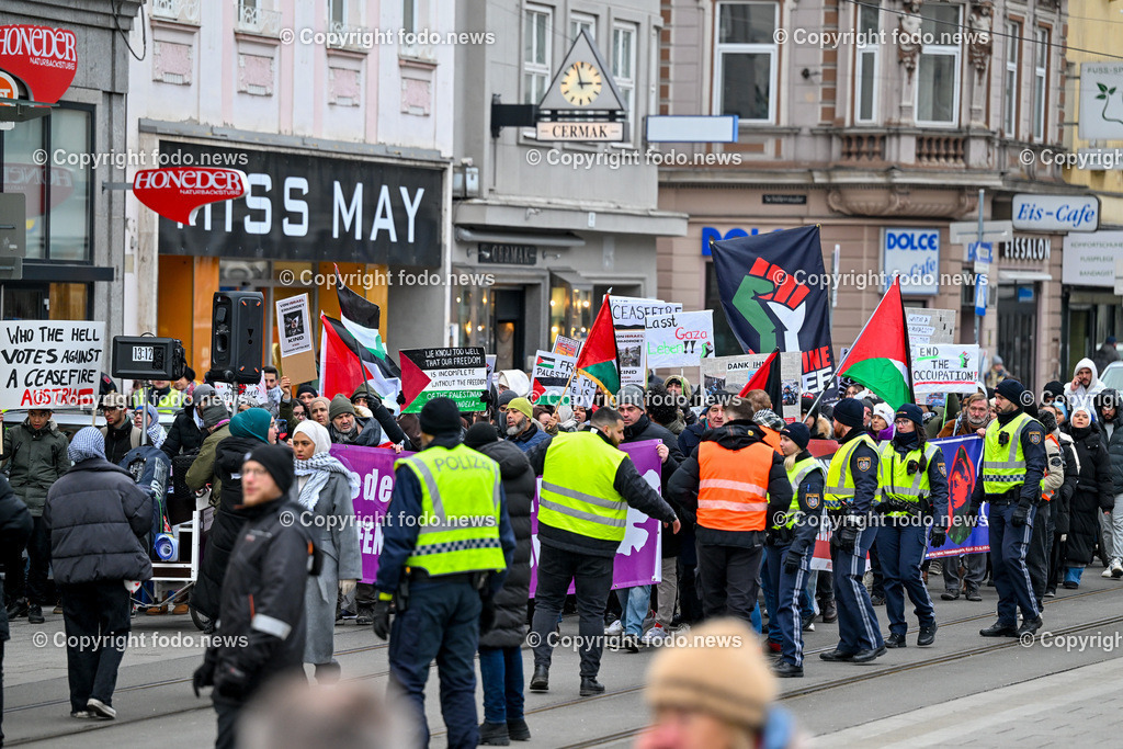 Demonstration Paleastina in Linz_ Pro Gaza_ 14.01.2024-37 | 14.01.2024, Linz, AUT, Demonstration, im Bild Palästina, Palaestina, Gaza, Demoteilnehmer, Teilnehmer, Kundgebung, Plakate, Fahnen, Polizei, Beamte, Polizeifahrzeuge, Einsatzkraefte, Israel, Krieg, Hamas, Geisel, Freiheit, Frieden