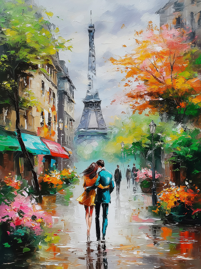 2508010 - Romantisches Paris | Ein Paar bei einem Spaziergang in Paris im Stil eines Gemäldes.