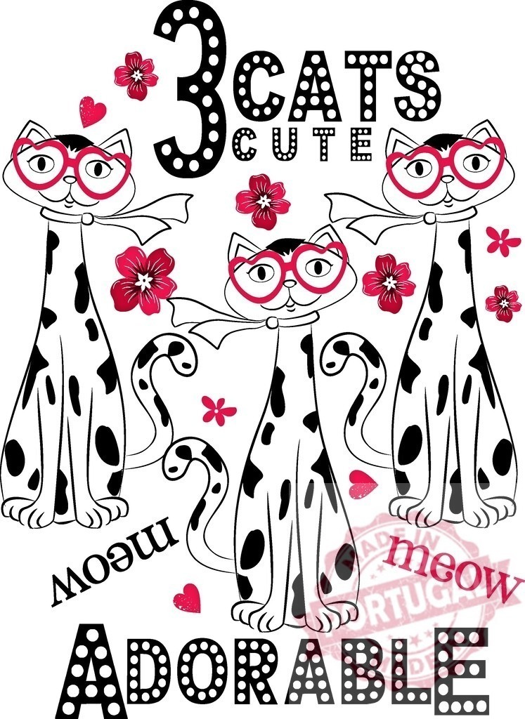 Three cute spotted cats wearing heart glasses illustration | Spotted cats illustration wearing red heart shaped glasses with flowers and text - Realisiert mit Pictrs.com