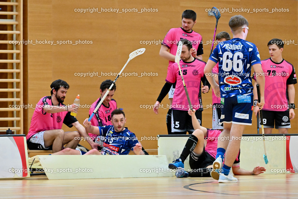 VSV Unihockey vs. Wiener Floorballferein 6.4.2024 | #5 Michael Kanduth VSV Unihockey, #66 Jakob Rainer VSV Unihockey, VSV Unihockey vs. Wiener Floorballferein 6.4.2024, VSV Unihockey vs. Wiener Floorballferein  am 06.04.2024 in Villach (Ballspielhalle St. Martin), Austria, (Photo by Bernd Stefan)
