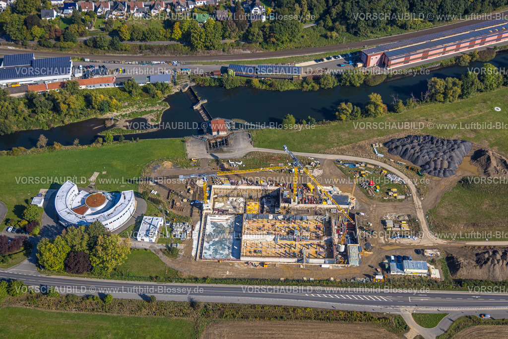 Froendenberg220901017 | Luftbild, Baustelle und Neubau am Wasserwerk Westfalen GmbH und Laufwasserkraftwerk Langschede am Fluss Ruhr, Halingen, Menden, Ruhrgebiet, Nordrhein-Westfalen, Deutschland