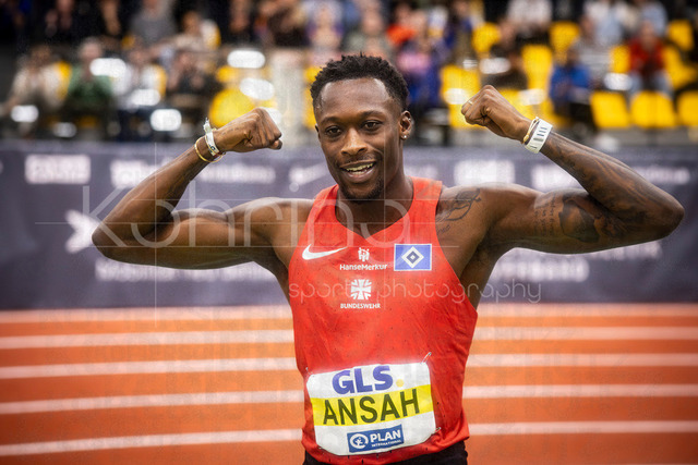 Deutsche Leichtathletik-Hallenmeisterschaften; Dortmund, 28.02.2026 | Deutscher Hallenmeister: Owen Ansah (Hamburger SV, 229) nach dem Sieg über 60m; Deutsche Leichtathletik-Hallenmeisterschaften am 28.02.2026 in der Helmut-Körnig-Halle in Dortmund. 