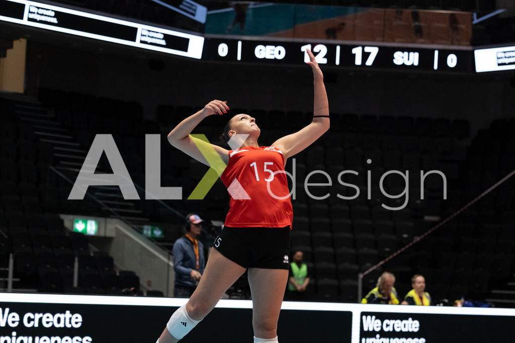 Georgia v Switzerland - CEV European League Women | KRIENS, SWITZERLAND - JUNE 12: MARIAM MUSHKUDIANI of Georgia serve during the CEV European League match between Georgia and Switzerland at Pilatus Arena on June 12, 2026 in Kriens, Switzerland. - Realisiert mit Pictrs.com