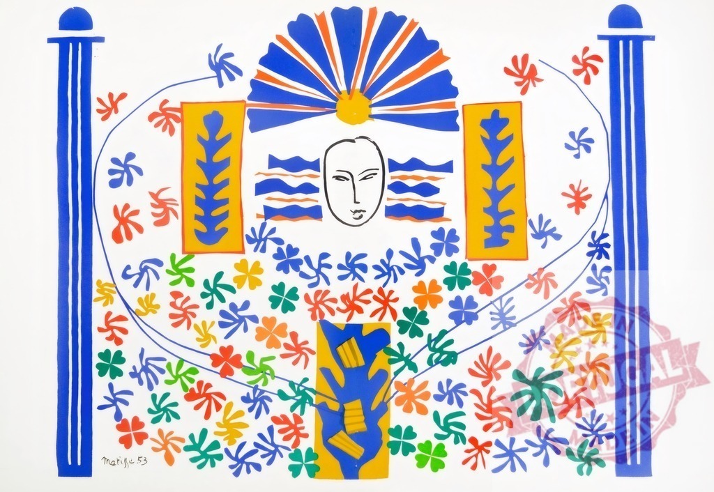 Henri Matisse Apollon cutout art abstract face floral patterns. Henri Matisse | Stylized abstract composition featuring a face, sun, and colorful plant elements - Realisiert mit Pictrs.com