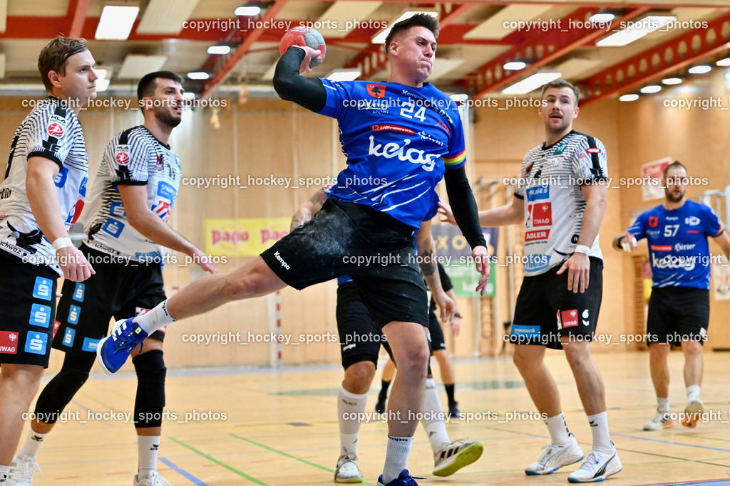SC Ferlach vs. Schwaz Tirol Handball | #8 SPENDIER Sebastian Schwaz Tirol Handball, #24 JOVANOVIC Mladan SC Ferlach, #19 Medic Petar Schwaz Tirol Handball, #81 Milicevic Adrian SC Ferlach, #6 PETRUSIC Emanuel Schwaz Tirol Handball, SC Ferlach vs. Schwaz Tirol Handball, SC Ferlach vs. Schwaz Tirol Handball am 12.10.2024 in Ferlach (Ballspielhalle Ferlach), Austria, (Photo by Bernd Stefan)