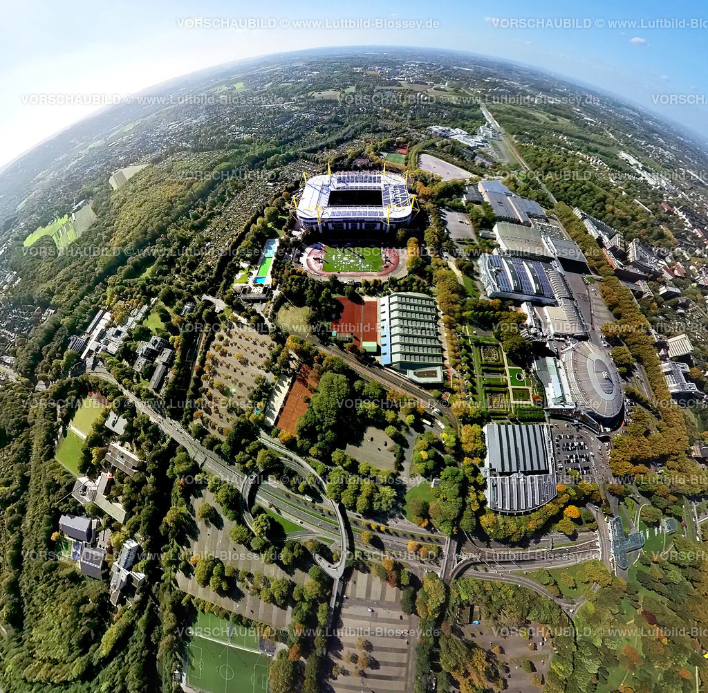 Dortmund221006_22c_BVB_SignalIdunaPark_Westfalenhalle | Luftbild, Bundesligastadion Signal Iduna Park des BVB 09 Dortmund, auch Westfalenstadion, Stadion Rote Erde, Westfalenhallen, Fisheye Aufnahme, Fischaugen Aufnahme, 360 Grad Aufnahme, Westfalenhalle, Dortmund, Ruhrgebiet, Nordrhein-Westfalen, Deutschland