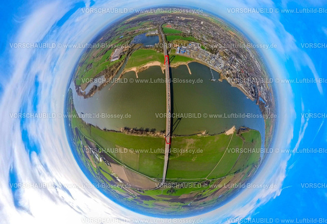 Emmerich240390148Rheinbruecke | Luftbild, Emmericher Rheinbrücke und Ortsansicht, Fluss Rhein, Erdkugel, Fisheye Aufnahme, Fischaugen Aufnahme, 360 Grad Aufnahme, tiny world, little planet, fisheye Bild, Hurendeich, Kleve, Nordrhein-Westfalen, Deutschland