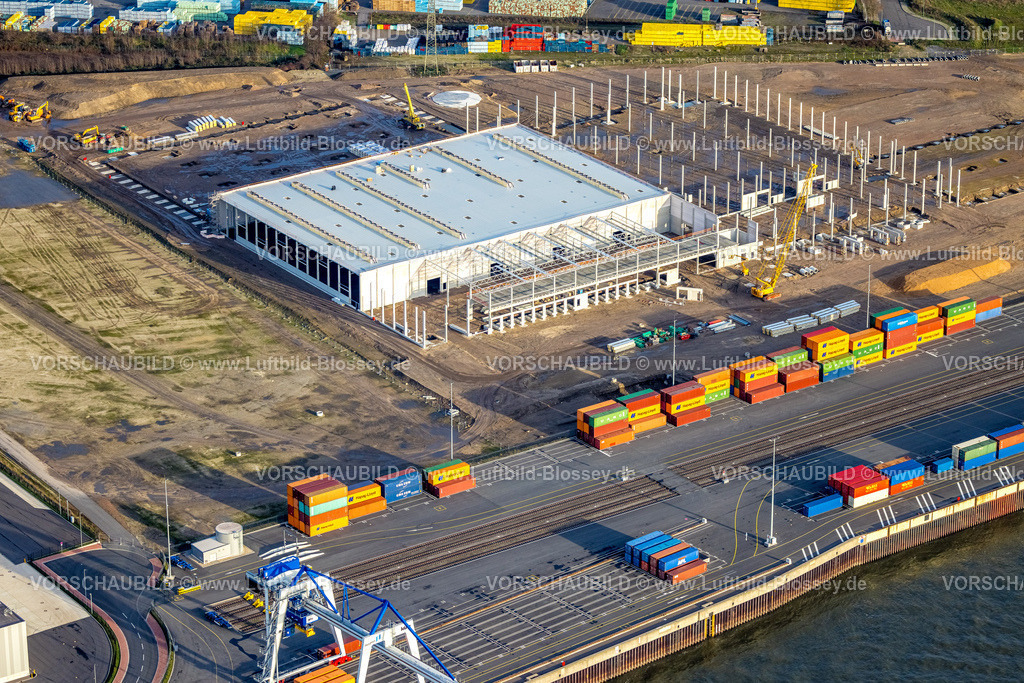 Duisburg230101177 | Luftbild, logport VI, Baustelle mit Neubau am STEAG Kraftwerk Walsum am Fluss Rhein, Alt-Walsum, Duisburg, Ruhrgebiet, Nordrhein-Westfalen, Deutschland
