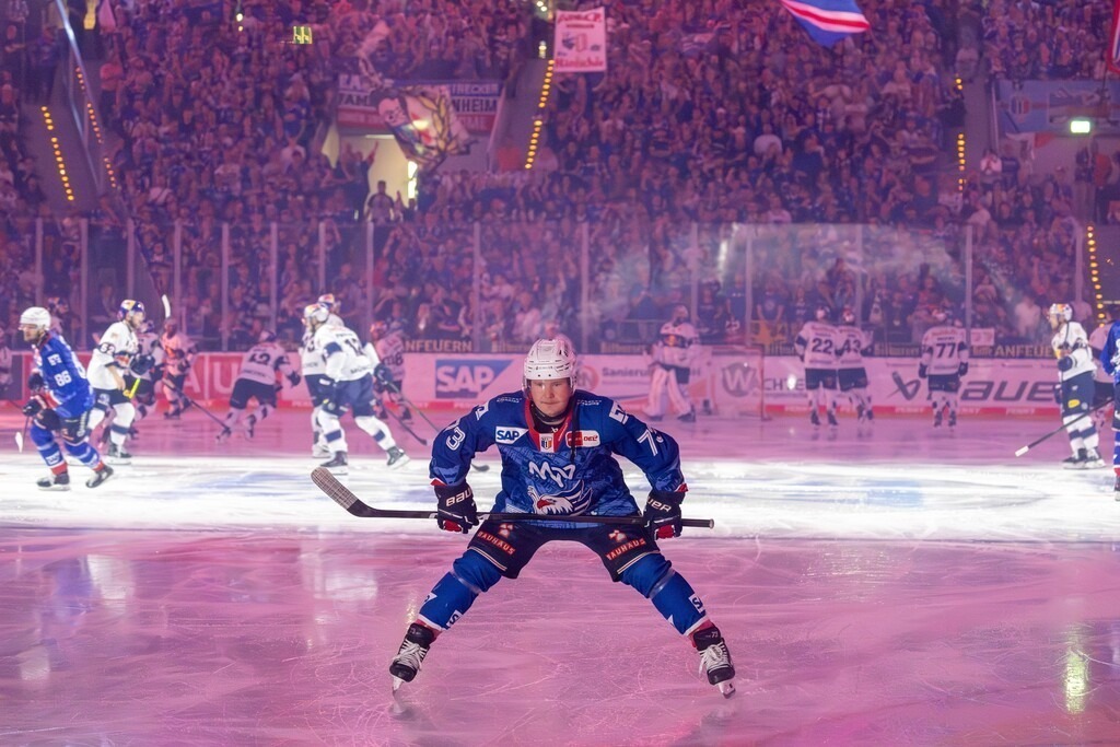 DEL, Deutsche Eishockey Liga Saison 2025/26, Playoff-Halbfinale, Spiel 5: Adler Mannheim gegen Red Bull München | DEL, Deutsche Eishockey Liga Saison 2025/26, Playoff-Halbfinale, Spiel 5: Adler Mannheim gegen Red Bull München***Kurz vor Beginn der Partie. Nach dem Spiel stand der Einzug ins Finale fest. Im Vordergrund: Zachary Solow (73) - Realisiert mit Pictrs.com