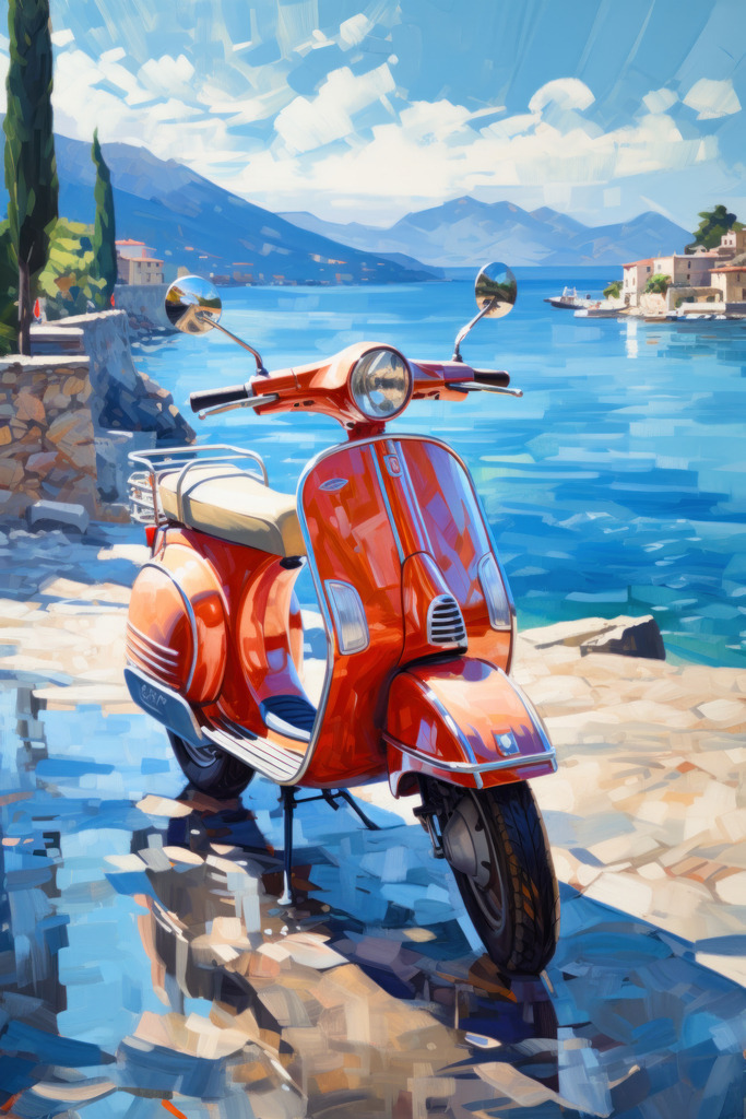 2308015 - Motorroller am Lago Maggiore | Bestellen Sie dieses Motiv eines Motorrollers am Lago Maggiore als hochwertigen Kunstdruck auf Leinwand, Acrylglas, Alu-Dibond oder als Poster.
Das Bild wurde digital erstellt und hat die Anmutung eines Gemäldes.