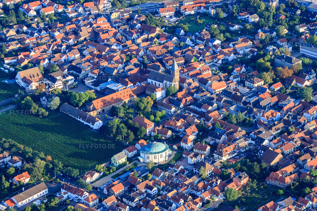 Luftbild: Rundes Kirche St. Johannes Mußbach und Protestantische Johanneskirche im Ortsteil Mußbach an der Weinstraße in Neustadt im Bundesland Rheinland-Pfalz in Deutschland. Foto: IMG_44376.jpg vom 20.08.2011 durch Werner Riehm/FLY-FOTO.deAuflösung des Originals: 4752 x 3168 pxWWW.DEKANAT-NW.DE
