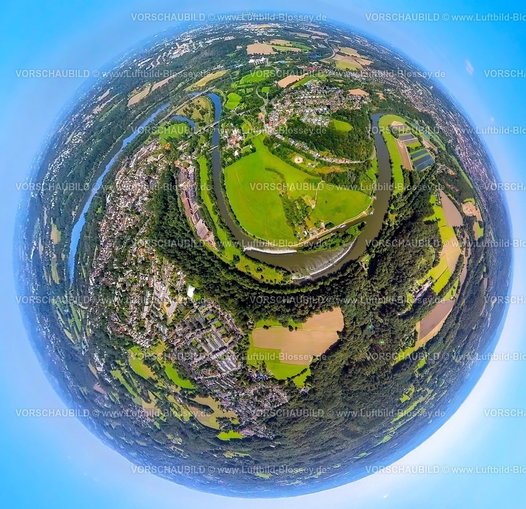 Witten230890055 Ruhrbogen Herbede | Luftbild, Fluss Ruhrbogen mit Wehr, Schleusenwärterhaus und Schleuse Herbede, Burgruine Hardenstein, Erdkugel, Fisheye Aufnahme, Fischaugen Aufnahme, 360 Grad Aufnahme, tiny world, Ostherbede, Witten, Ruhrgebiet, Nordrhein-Westfalen, Deutschland