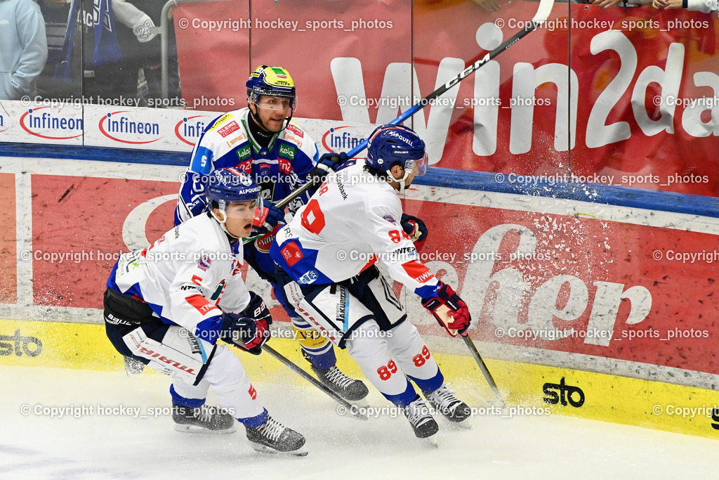 EC IDM Wärmepumpen VSV vs. HC Tiwag Innsbruck-Die Haie | #5 Noah Kerber HC Innsbruck, #89 Lukas Bär HC Innsbruck, #26 Guus van Nes EC VSV, EC IDM Wärmepumpen VSV vs. HC Tiwag Innsbruck-Die Haie, EC IDM Wärmepumpen VSV vs. HC Tiwag Innsbruck-Die Haie am 11.10.2025 in Villach (Stadthalle Villach), Austria, (Photo by Bernd Stefan)