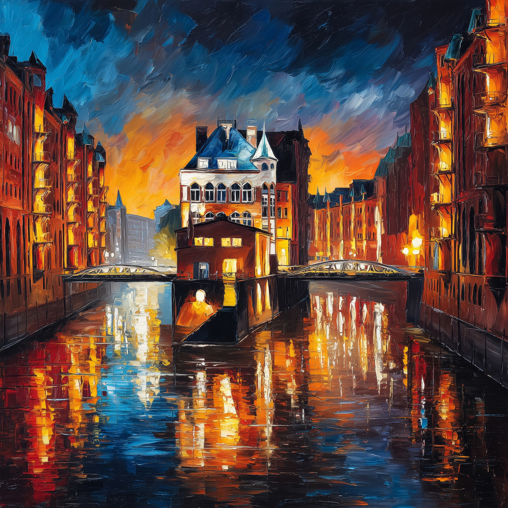 2604009 - Lichter der Speicherstadt | Atmosphärische Darstellung der Hamburger Speicherstadt bei Nacht. Leuchtende Farben, warme Lichtreflexe und kräftige Pinselstrukturen verleihen dem Motiv eine besondere Tiefe und bringen die einzigartige Stimmung der Stadt eindrucksvoll zur Geltung.